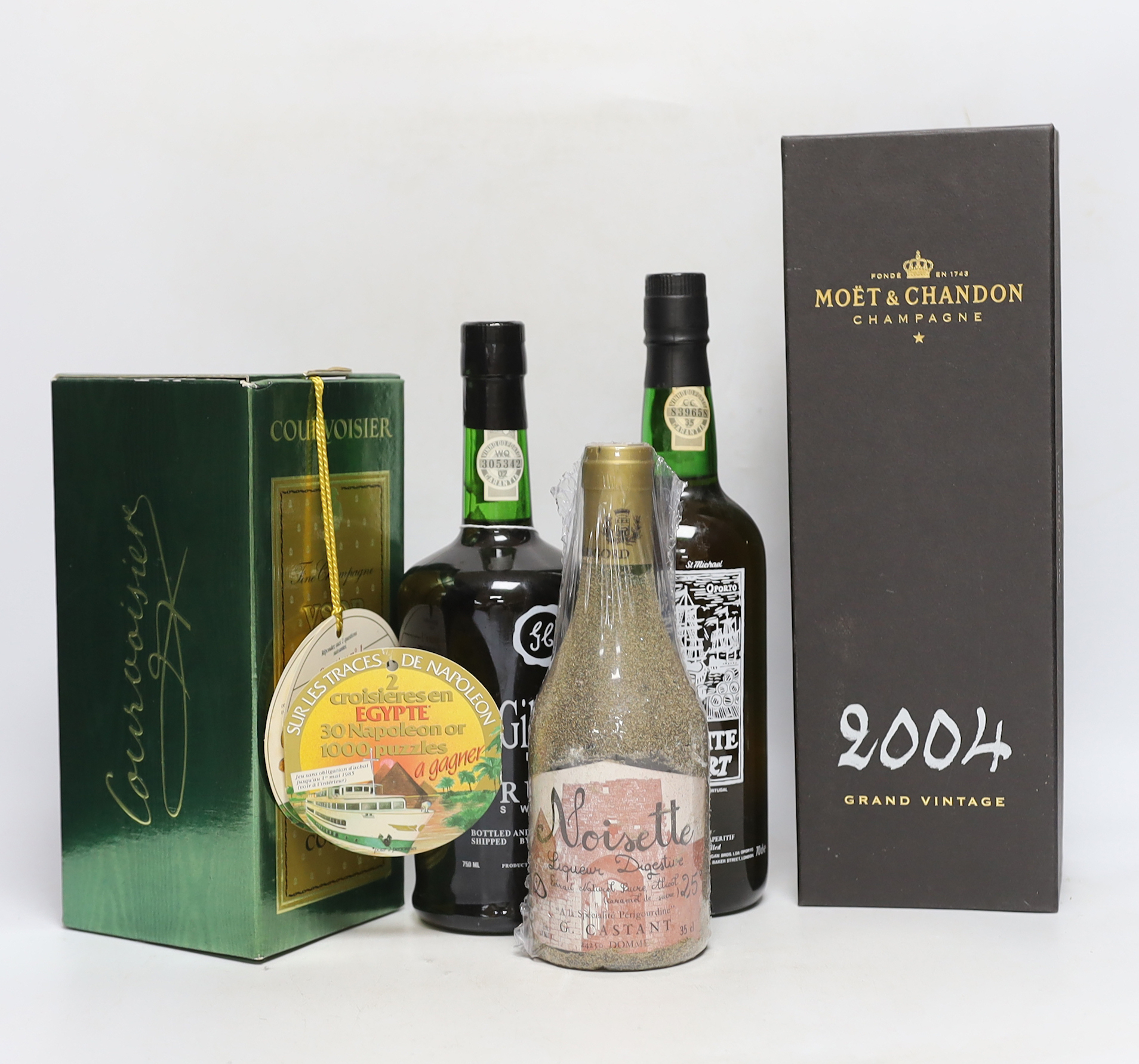 A bottle of Gilberts Port, a boxed Moet & Chandon 2004, a White Port boxed, a Courvoisier and a Noisette liqueur, (5)